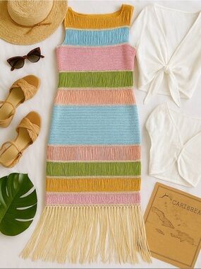 Fringed Striped Knit Vacation Midi Dress in Multicolor